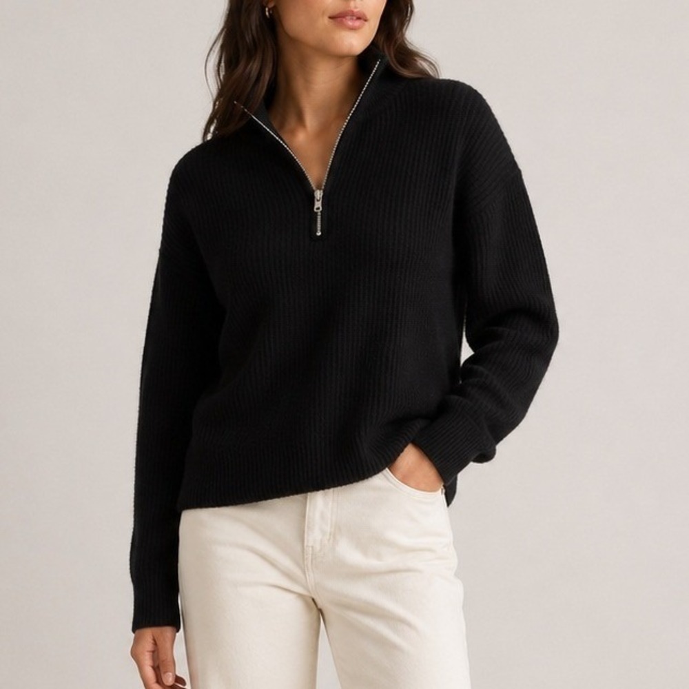 Quince Sweater Mongolian Cashmere Fisherman Quarter Zip Coastal Black Small FLAW